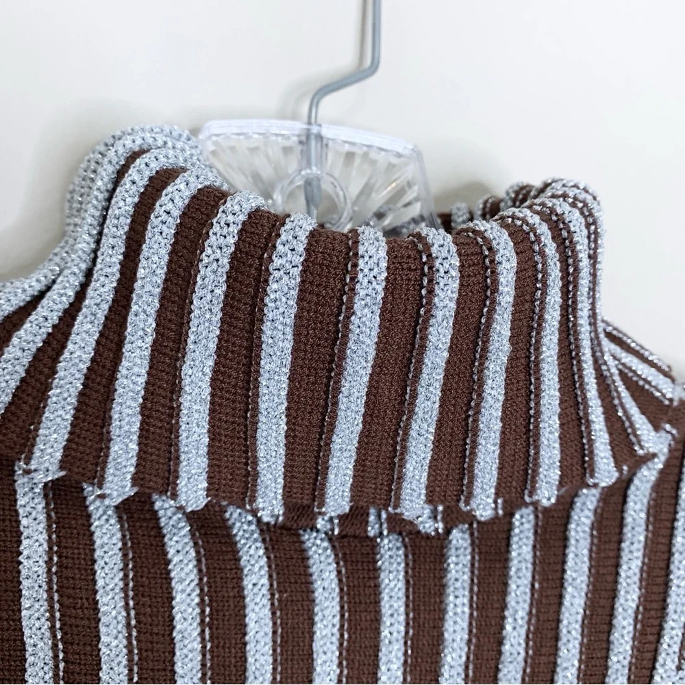 Hanifa Cici Knit Mini Dress (Sz S) Ribbed Long Sleeve Turtleneck Brown Silver - Picture 8 of 16
